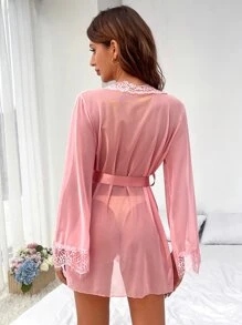 Eyelash Lace Panel Belted Robe Without Lingerie - Pink - View 2