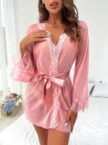Eyelash Lace Panel Belted Robe Without Lingerie - Pink - View 4