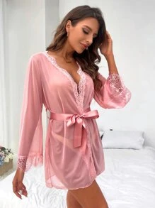 Eyelash Lace Panel Belted Robe Without Lingerie - Pink - View 5