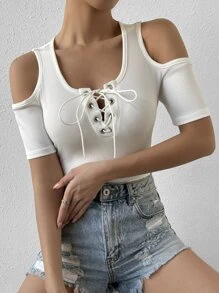 SHEIN Unity Cold Shoulder Lace Up Front Tee - White - View 1