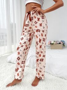 Cartoon Bear Print Bow Front Sleep Trousers - Apricot - View 1