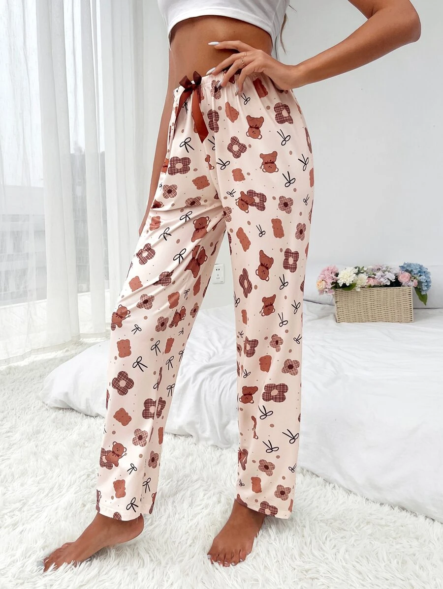 Cartoon Bear Print Bow Front Sleep Trousers - Apricot - View 1
