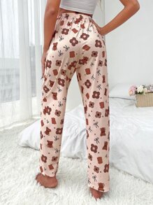 Cartoon Bear Print Bow Front Sleep Trousers - Apricot - View 2