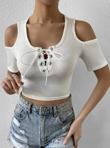 SHEIN Unity Cold Shoulder Lace Up Front Tee - White - View 3