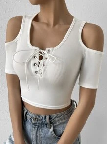 SHEIN Unity Cold Shoulder Lace Up Front Tee - White - View 4