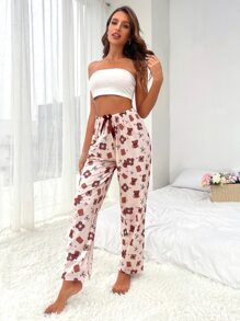Cartoon Bear Print Bow Front Sleep Trousers - Apricot - View 5