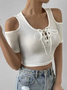 SHEIN Unity Cold Shoulder Lace Up Front Tee - White - View 6
