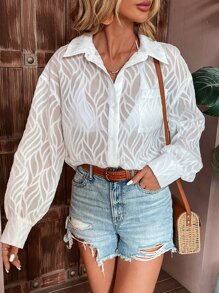 Chiquease Patched Pocket Button Front Chiffon Beach Shirt - White - View 1