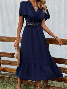 SHEIN Holidaya Vestido panel con encaje de manga mariposa bajo con fruncido - Azul Marino - Ver 3