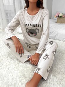Cartoon & Letter Graphic PJ Set - Beige - View 3