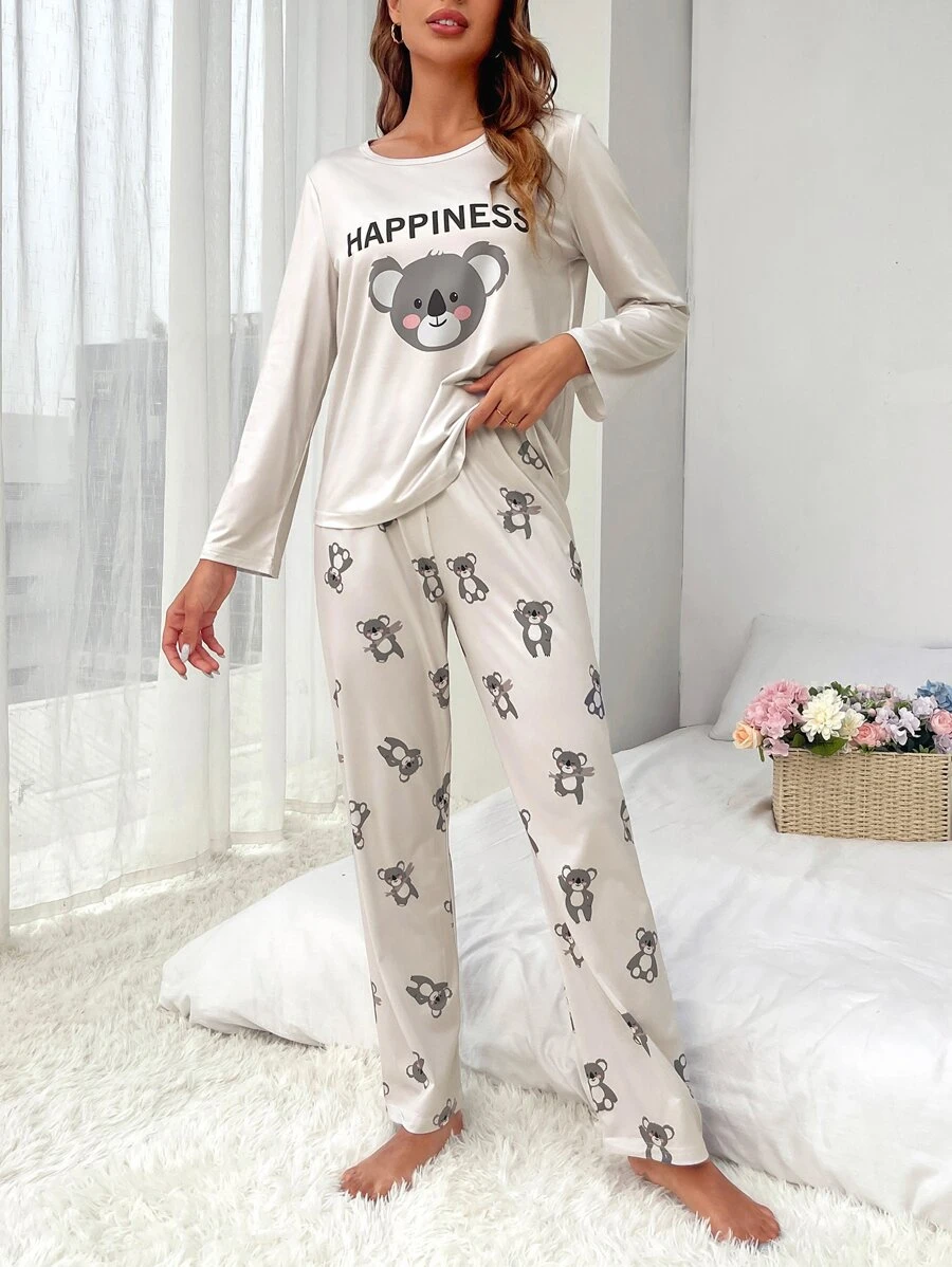 Cartoon & Letter Graphic PJ Set - Beige - View 1