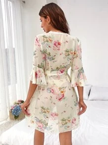 Bata con estampado floral ribete con encaje con cinturón de gasa - Albaricoque - Ver 2