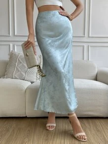 Chiquease 花卉提花美人鱼下摆长裙缎面女装