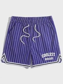 ROMWE MEN Guys Striped & Letter Graphic Drawstring Waist Shorts - Blue - View 1