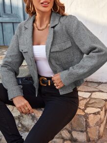 SHEIN Frenchy Flap Detail Button Front Crop Jacket Winter - Grey - View 3