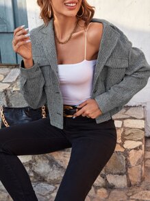 SHEIN Frenchy Flap Detail Button Front Crop Jacket Winter - Grey - View 4