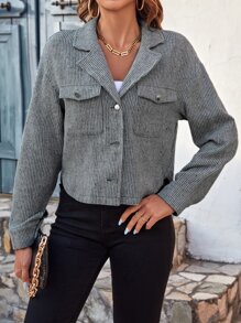 SHEIN Frenchy Flap Detail Button Front Crop Jacket Winter - Grey - View 6