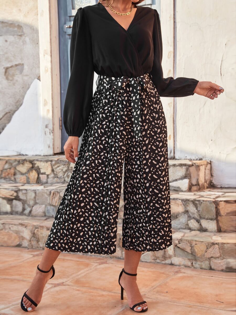 SHEIN Frenchy All Over Print Belted Wide Leg Jumpsuit - Black - View 1