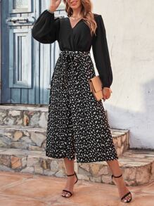 SHEIN Frenchy All Over Print Belted Wide Leg Jumpsuit - Black - View 4