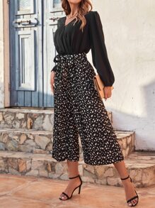 SHEIN Frenchy All Over Print Belted Wide Leg Jumpsuit - Black - View 5