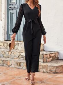 SHEIN Frenchy Contrast Lace Lantern Sleeve Belted Jumpsuit - Black - View 3