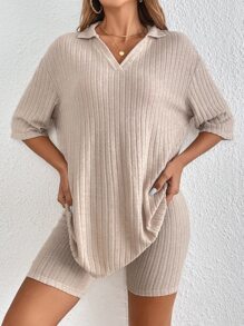 SHEIN Frenchy Bộ 2 món áo thun trơn và quần short dáng rộng thoải mái cho nữ - Màu be - Xem 3