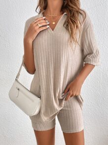 SHEIN Frenchy Bộ 2 món áo thun trơn và quần short dáng rộng thoải mái cho nữ - Màu be - Xem 5