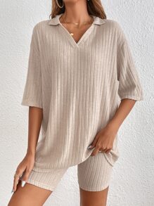 SHEIN Frenchy Bộ 2 món áo thun trơn và quần short dáng rộng thoải mái cho nữ - Màu be - Xem 6