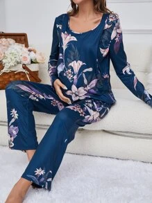 Maternity Floral Print PJ Set - Navy Blue - View 1
