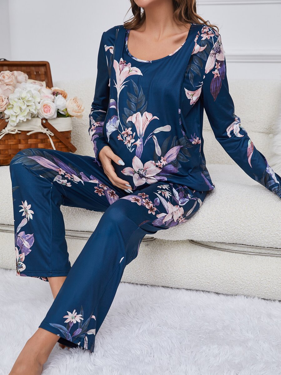 Maternity Floral Print PJ Set - Navy Blue - View 1