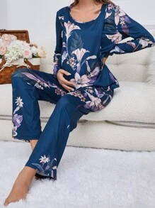Maternity Floral Print PJ Set - Navy Blue - View 3