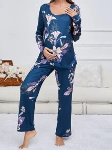 Maternity Floral Print PJ Set - Navy Blue - View 4