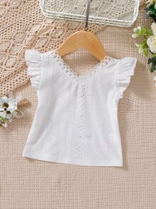 SHEIN Baby Girl Eyelet Embroidery Lace Trim Butterfly Sleeve Top - White - View 2