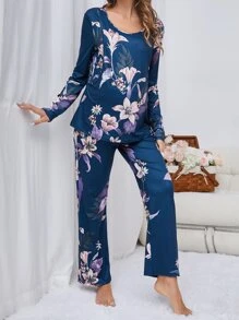 Maternity Floral Print PJ Set - Navy Blue - View 6