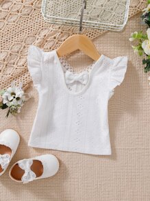 SHEIN Baby Girl Eyelet Embroidery Lace Trim Butterfly Sleeve Top - White - View 3