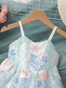 Baby Floral Embroidery Mesh Overlay Cami Dress - White - View 3