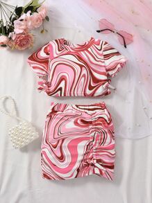 嬰兒大理石圖案側邊蝴蝶結T恤和褶邊半身裙 - 彩色 - 查看 1