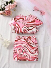 嬰兒大理石圖案側邊蝴蝶結T恤和褶邊半身裙 - 彩色 - 查看 2