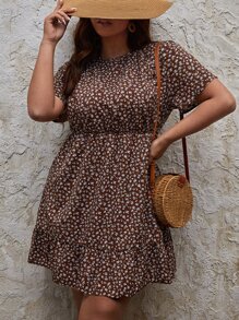 SHEIN Unity Plus Ditsy Floral A-line Dress - Chocolate Brown - View 3