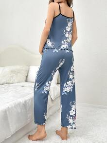 SHEIN Maternity Floral Print Lettuce Trim Contrast Binding Cami PJ Set - Dusty Blue - View 2