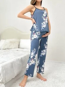 SHEIN Maternity Floral Print Lettuce Trim Contrast Binding Cami PJ Set - Dusty Blue - View 5