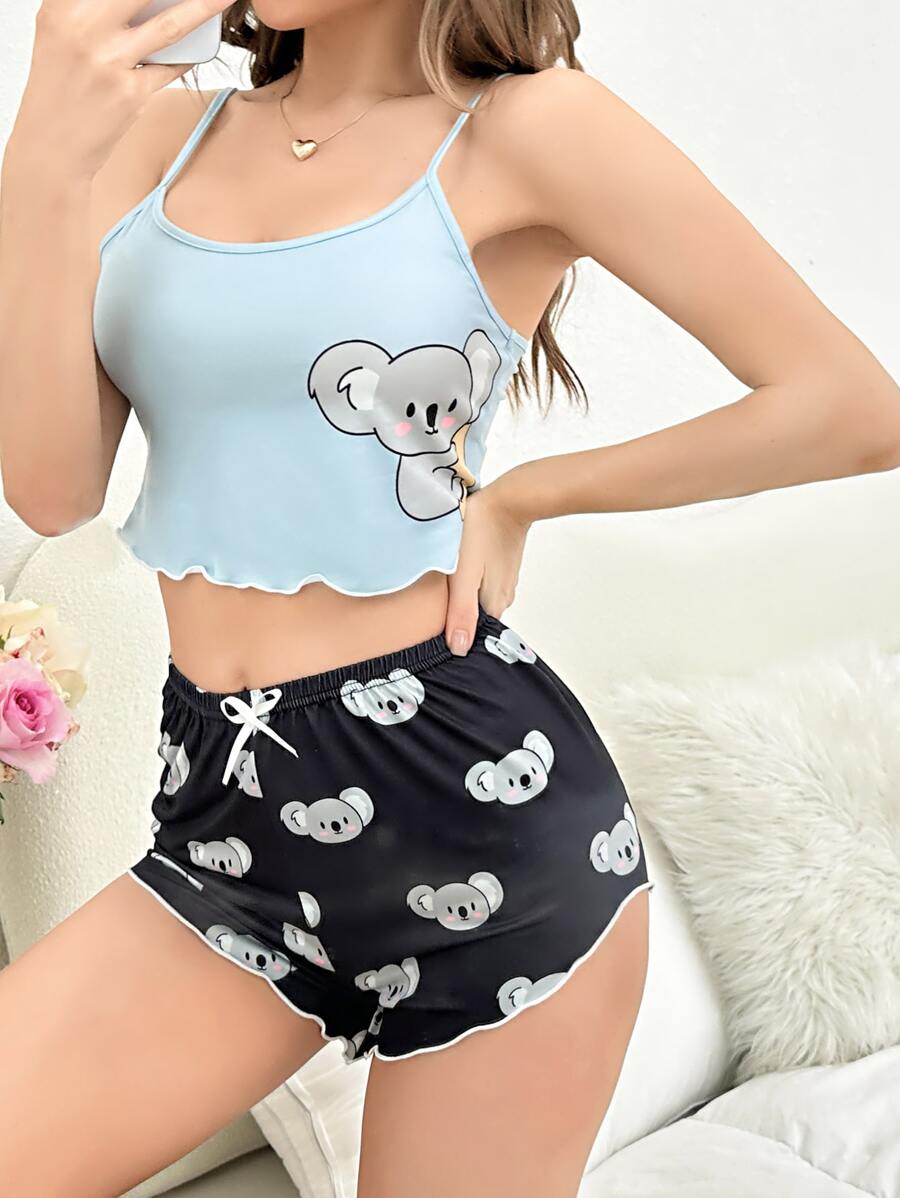Cartoon Graphic Lettuce Trim Cami Top & Shorts PJ Set / Pajama Set - Multicolor - View 1