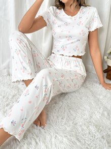 Conjunto de pijama con estampado floral y ribete de lechuga - Blanco - Ver 1