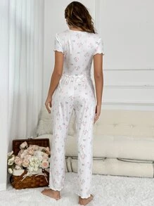 Conjunto de pijama con estampado floral y ribete de lechuga - Blanco - Ver 2