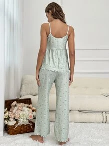 Floral Print Cami Top & Wide Leg Trousers PJ Set - Mint Green - View 2
