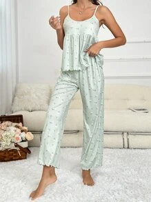 Floral Print Cami Top & Wide Leg Trousers PJ Set - Mint Green - View 3