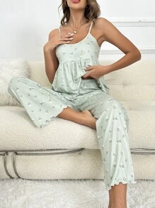Floral Print Cami Top & Wide Leg Trousers PJ Set - Mint Green - View 5