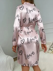 Bata de dormir con estampado de corazón con cinturón de satén - Rosa Pálido - Ver 2