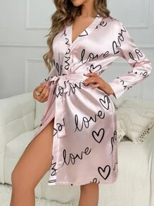Bata de dormir con estampado de corazón con cinturón de satén - Rosa Pálido - Ver 4