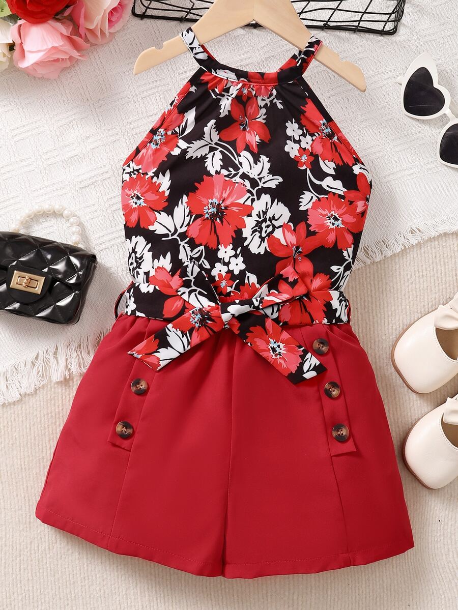 SHEIN 女孩印花掛脖上衣和紐扣細節附腰帶短褲 - 彩色 - 查看 1